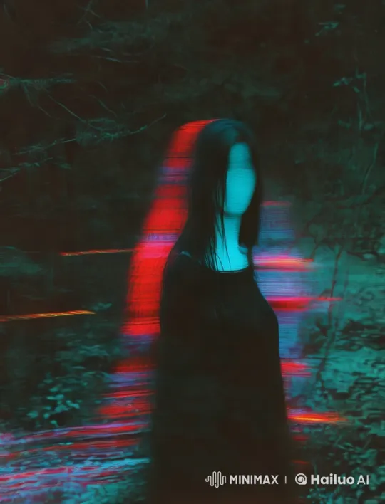 Eerie Forest: Glitch Aesthetics and Slow Motion Woman – AI Generated Video | Hailuo AI