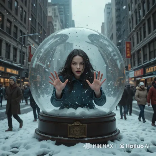Woman in Snow Globe Amidst Bustling City Winter Scene – AI Generated Video | Hailuo AI