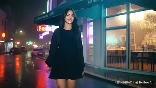 Young Woman Strides Through Neon-Lit City at Night – AI Generated Video | Hailuo AI