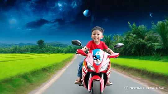 4-Year-Old Boy Races on Captain America-Themed Motorcycle – AI Generated Video | Hailuo AI