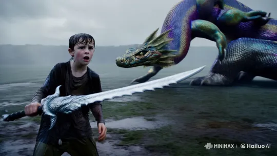 Boy Battles Eight-Headed Python in Rainy, Mythical Landscape – AI Generated Video | Hailuo AI
