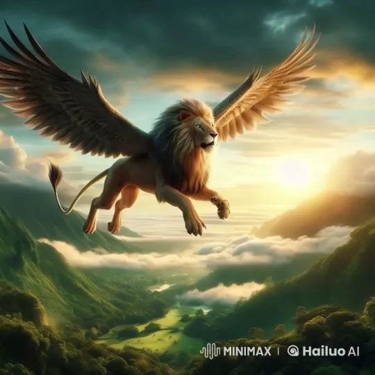 Majestic Winged Lion Soars Over Golden Valley at Dusk – AI Generated Video | Hailuo AI