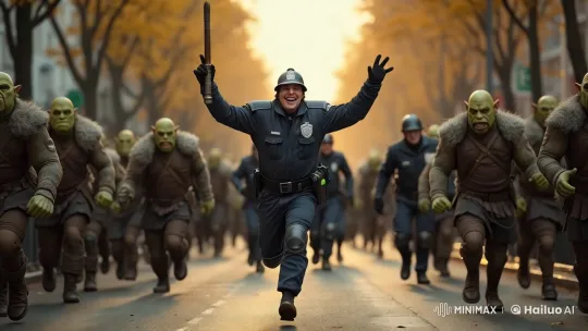 Policemen and Orcs Run in Harmony with Autumnal Flair – AI Generated Video | Hailuo AI