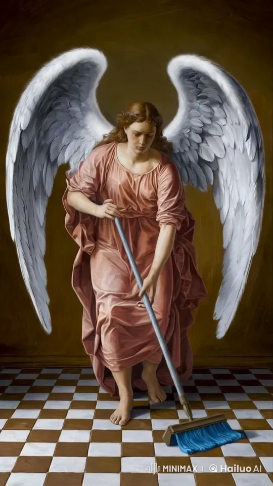 Hyper-Realistic Angel Cleans Floor in Surreal Painting – AI Generated Video | Hailuo AI