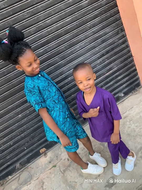 Children in Colorful Outfits in Front of Metal Door – AI Generated Video | Hailuo AI