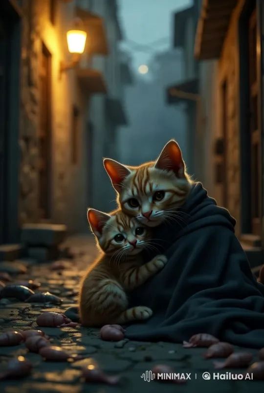 Affectionate Moment: Old Cat Comforts Her Young in Alley – AI Generated Video | Hailuo AI