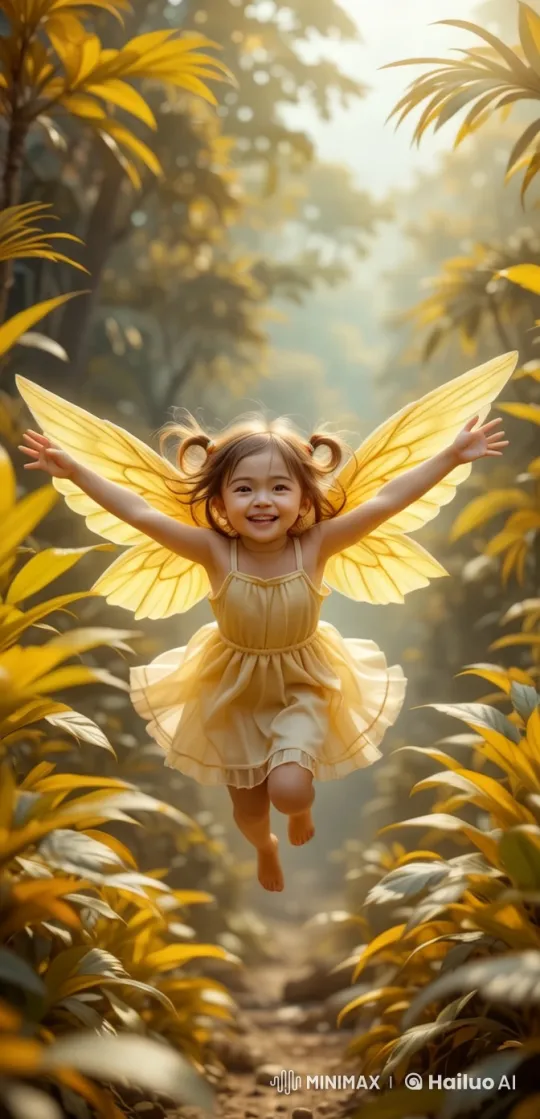 Magical Flight of a Winged Toddler in Golden Jungle – AI Generated Video | Hailuo AI