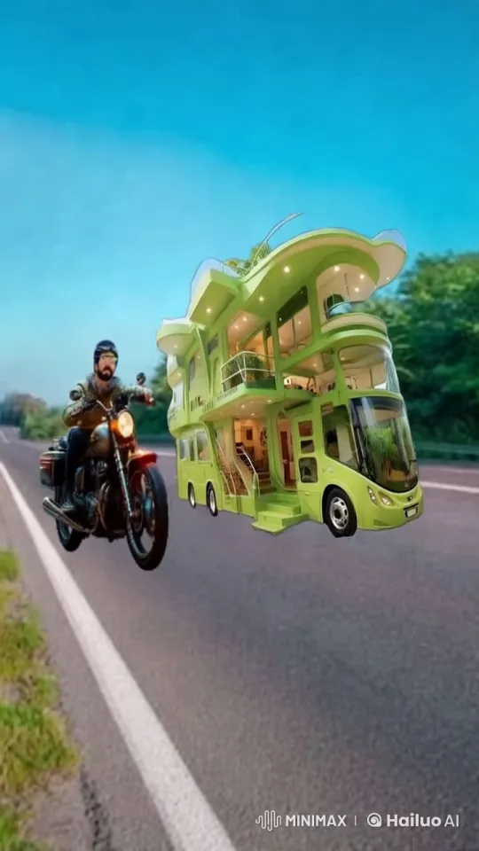 Motorcycle and Green Bus Synchronized on Open Road – AI Generated Video | Hailuo AI