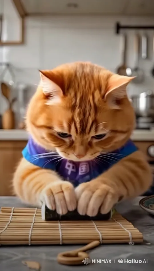 Adorable Cat Skillfully Makes Sushi in Cozy Kitchen – AI Generated Video | Hailuo AI