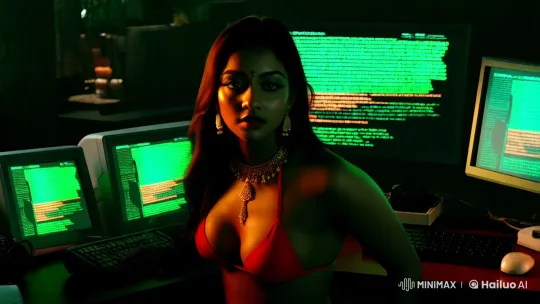 Mysterious Woman in Red Bikini Confronts Demon in Dark Room – AI Generated Video | Hailuo AI