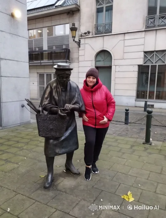 City Stroll: Woman Interacts with Statue Amidst Urban Beauty – AI Generated Video | Hailuo AI