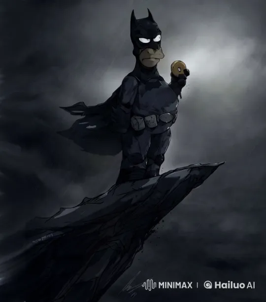 Homer as Batman Stands Heroic in Stormy Epic Scene – AI Generated Video | Hailuo AI