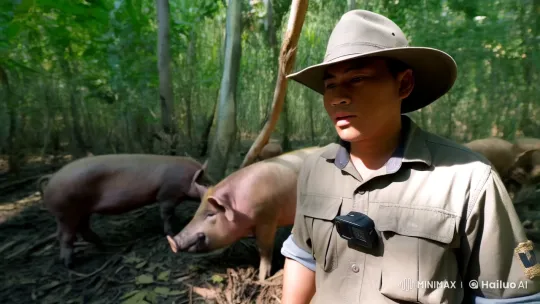 Man Observes Wild Pigs in Serene Rubber Forest – AI Generated Video | Hailuo AI