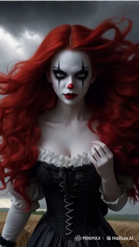 Gothic Clown in Stormy Field with Sinister Red Balloon – AI Generated Video | Hailuo AI