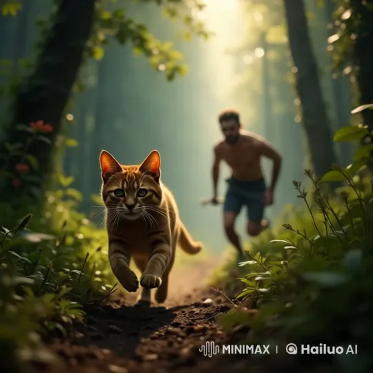 Man Chases Energetic Cat Through Sunlit Forest – AI Generated Video | Hailuo AI