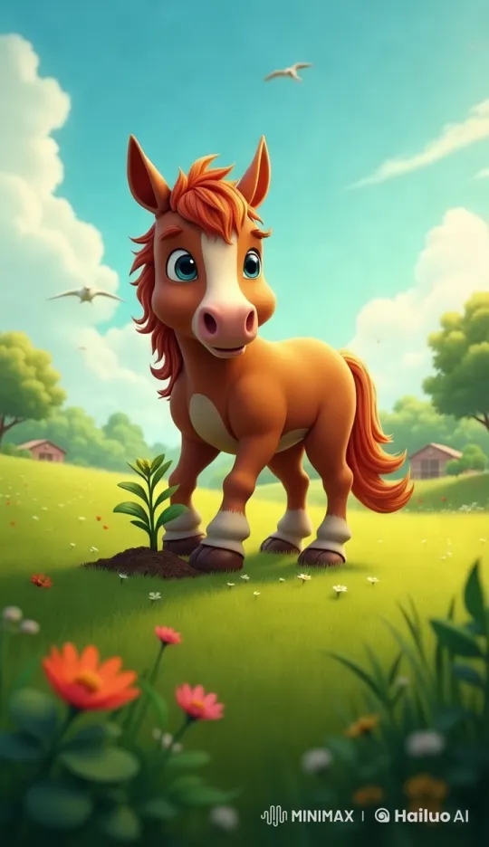 Charming Animated Horse in a Lush Meadow – AI Generated Video | Hailuo AI
