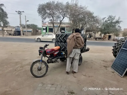 Rural Man Adjusts Tires on Motorcycle – AI Generated Video | Hailuo AI