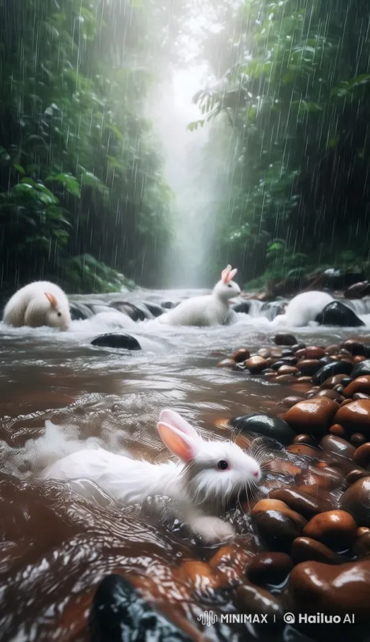 White Rabbit Gracefully Swims in Rainy Forest River – AI Generated Video | Hailuo AI