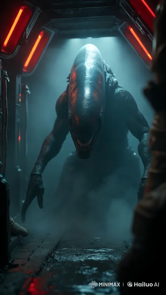 Astronaut Faces Alien in Dimly Lit, Threatening Spacecraft – AI Generated Video | Hailuo AI