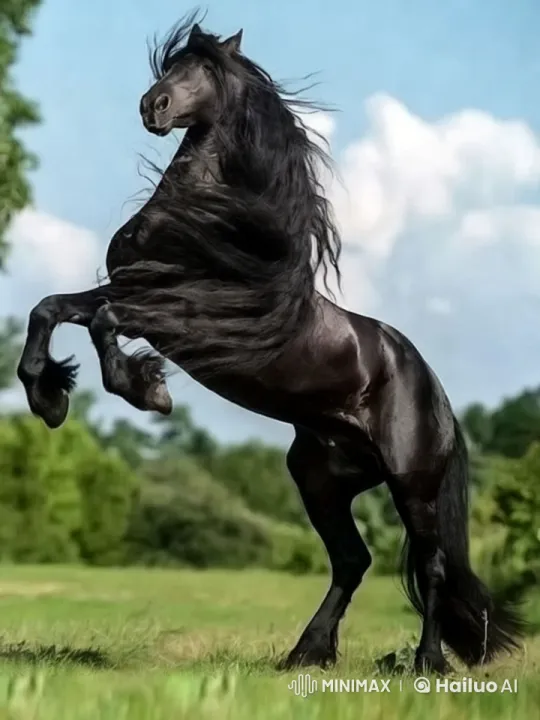 Black Horse in Majestic Meadow with Dynamic Grace – AI Generated Video | Hailuo AI