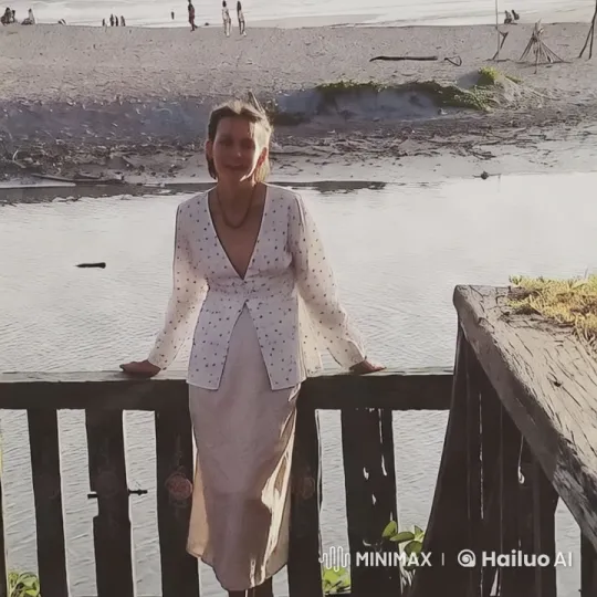 Serene Beach: Woman in Polka Dot Blouse on Deck – AI Generated Video | Hailuo AI