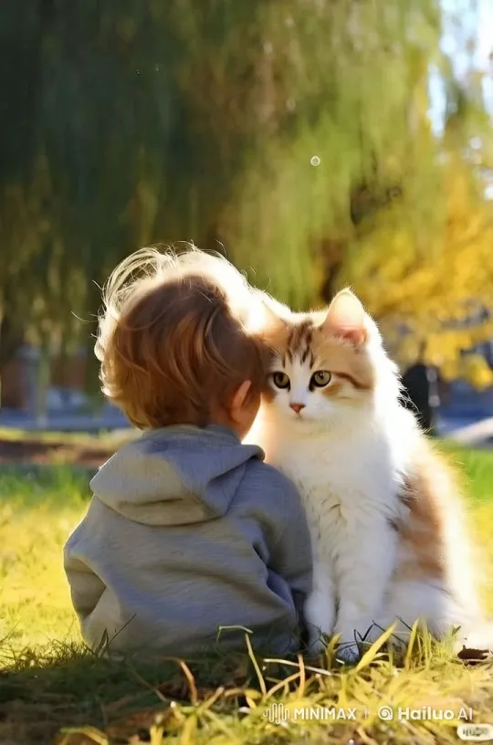 Boy and Cat's Playful Autumn Interaction in Park – AI Generated Video | Hailuo AI
