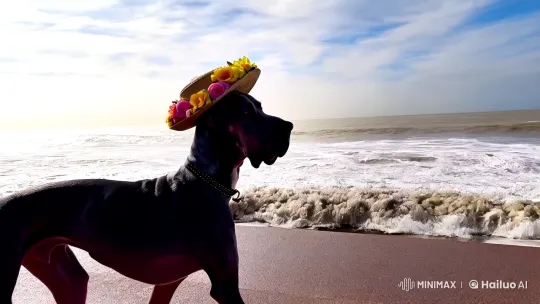 Mila the Great Dane strides confidently towards Blackpool's iconic landmarks – AI Generated Video | Hailuo AI