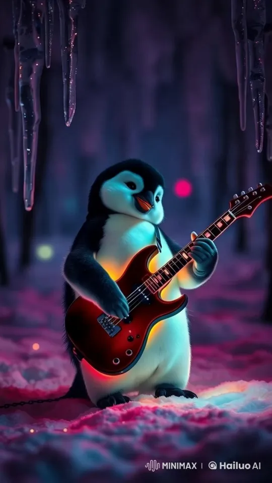 Penguin Serenades with Guitar in Icy Cavern – AI Generated Video | Hailuo AI