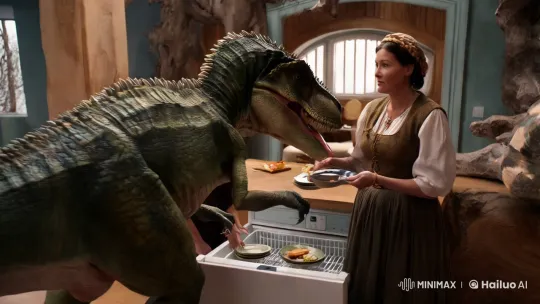 Human-Like Dinosaurs Interact in Aesthetic Fusion Home – AI Generated Video | Hailuo AI