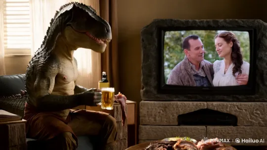 Aesthetic Film Clip: Dinosaur in Ancient Garb Sips Beer in Modern Living Room – AI Generated Video | Hailuo AI