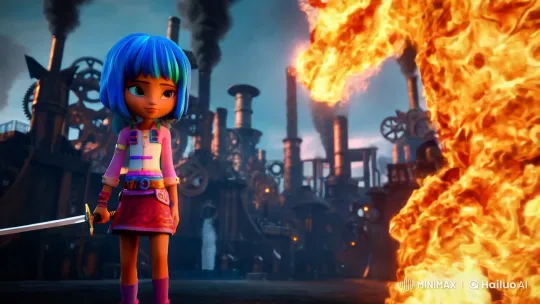 Steampunk Girl Faces Fiery Creature in Industrial Metropolis – AI Generated Video | Hailuo AI