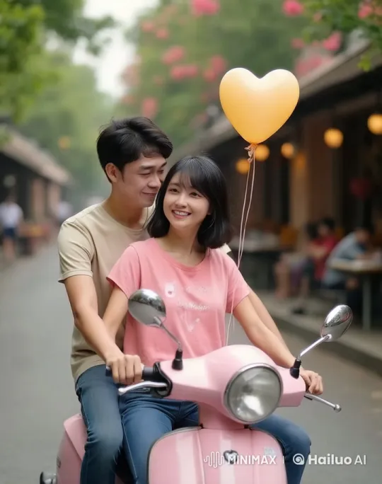 Couple Rides Pink Motorcycle Through Serene Cityscape – AI Generated Video | Hailuo AI
