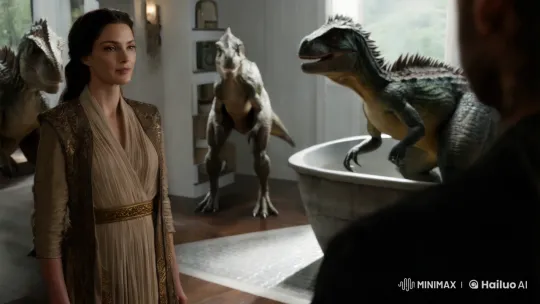 Primeval Dinosaur-Humanoids in Aesthetic Stone Bath Scene – AI Generated Video | Hailuo AI