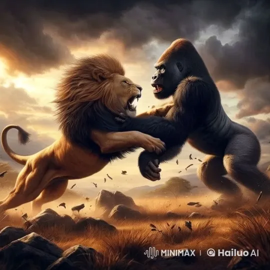 Lion and Gorilla Engage in Fierce Jungle Battle – AI Generated Video | Hailuo AI