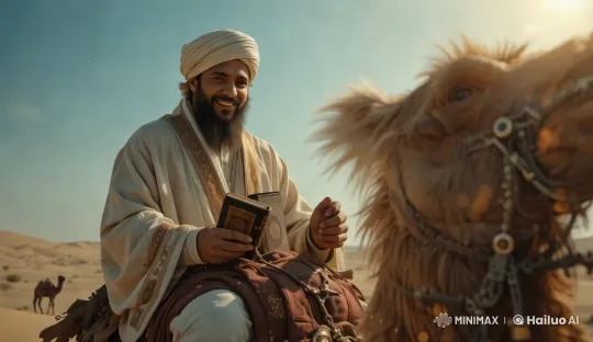 Scholarly Journey: Man on Camel in Vast Desert – AI Generated Video | Hailuo AI