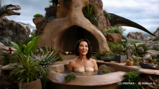 Woman in Stone Bath Amidst Prehistoric Wilderness – AI Generated Video | Hailuo AI