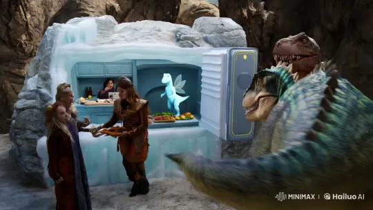 Prehistoric Humans Meet Dinosaurs in Futuristic Kitchen – AI Generated Video | Hailuo AI