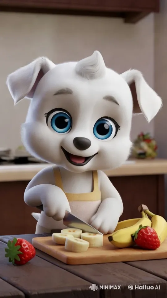 Cute Puppy Prepares Fruit in Cozy Kitchen – AI Generated Video | Hailuo AI