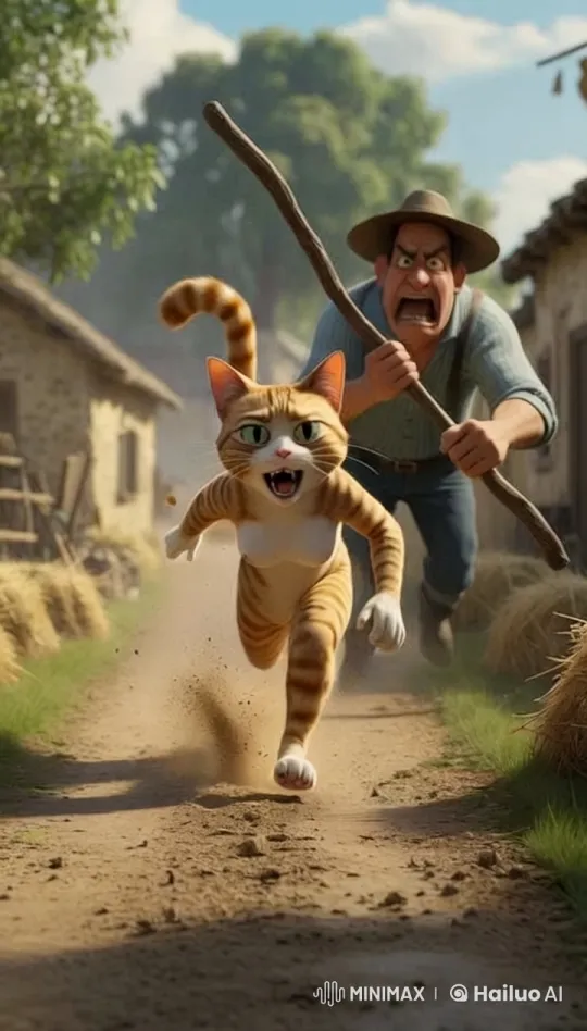 Pursued Humanoid Cat Escapes Farm Owner in Desperation – AI Generated Video | Hailuo AI
