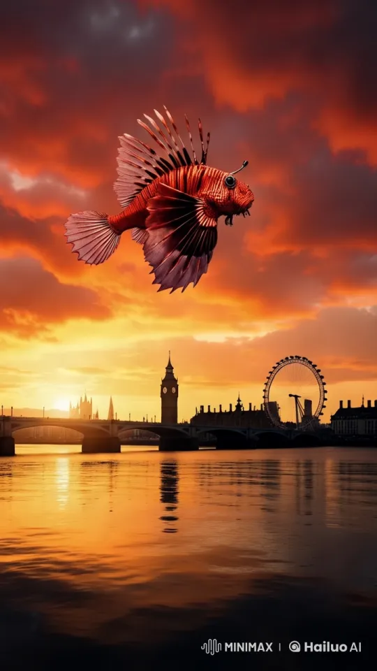 Lionfish Glides Through London's Skyline at Dusk – AI Generated Video | Hailuo AI