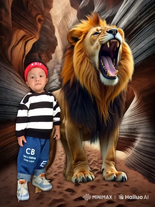 Child and Lion Walk Majestically in Canyon Wonderland – AI Generated Video | Hailuo AI
