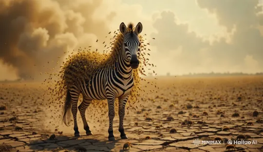 Zebra Enveloped by Bees in Desert Landscape – AI Generated Video | Hailuo AI