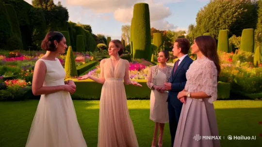 Elegant Society in a Lush, Aesthetic Garden Setting – AI Generated Video | Hailuo AI