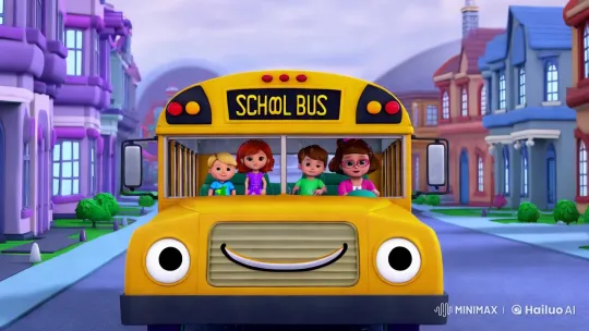 Bright Yellow School Bus with Cartoonish Characters in Rainy Town – AI Generated Video | Hailuo AI