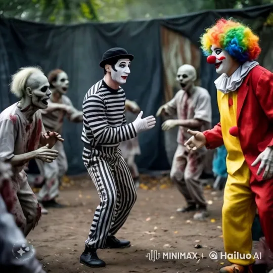 Mime and Clown Blend in with Zombies – AI Generated Video | Hailuo AI