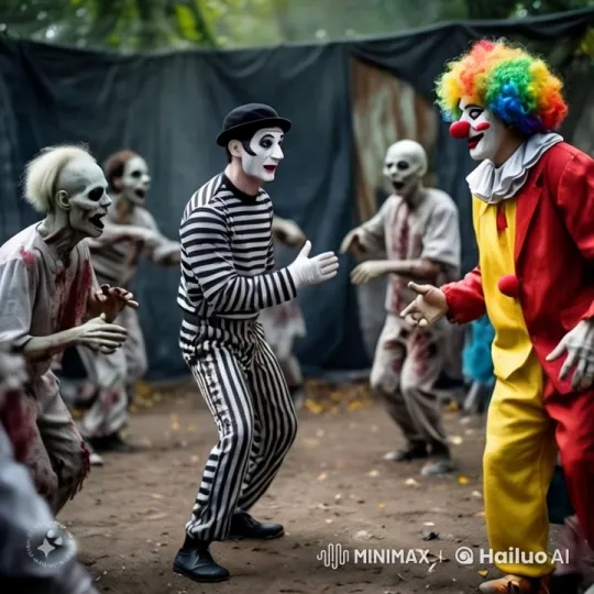 Mime and Clown Blend with Zombies in Eerie Forest – AI Generated Video | Hailuo AI