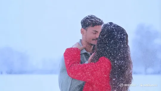 Winter Romance: Couple Embraces and Kisses in Snowfall – AI Generated Video | Hailuo AI