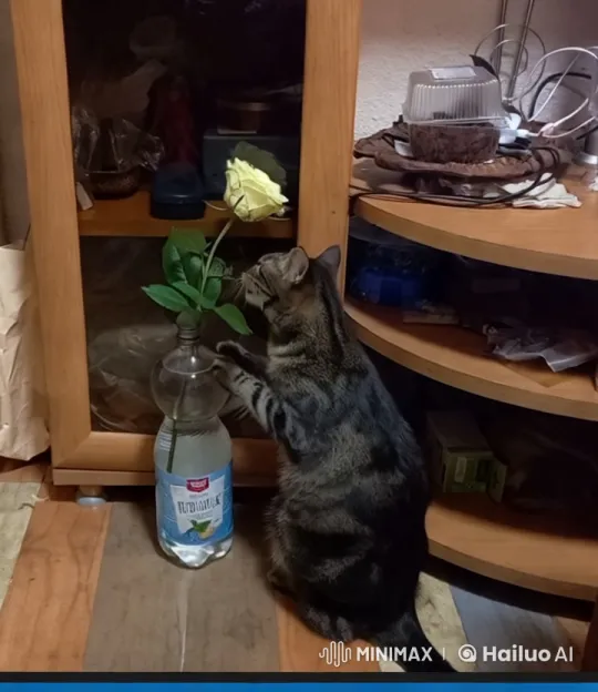 Tabby Cat Delicately Transfers Rose to Vase – AI Generated Video | Hailuo AI