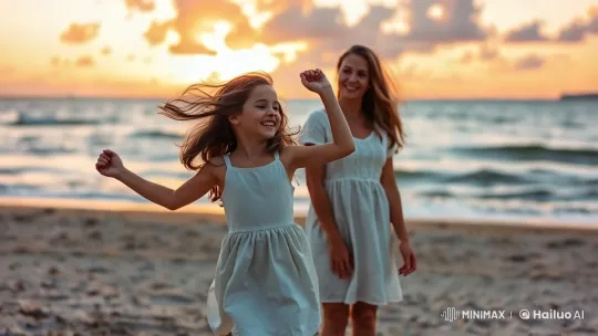 Joyful Family Moment on a Beach at Sunset – AI Generated Video | Hailuo AI