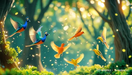Vibrant Forest Flight: Birds in Sunlit Harmony – AI Generated Video | Hailuo AI